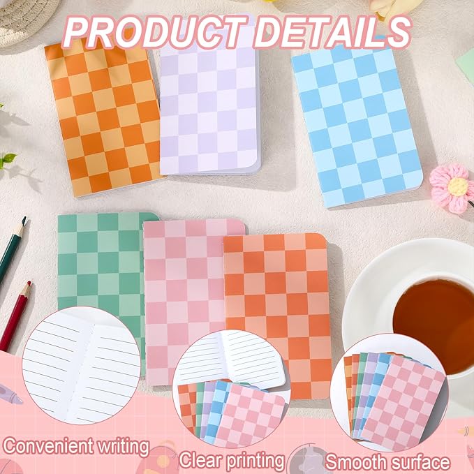 24 Pack Mini Hippie Groovy Notebooks Back to School Favors Small Pocket Size Retro Pink Blue Checked School Girl Notebooks for Students Teacher Appreciation Gift Employee Classroom Prize 5x3 Inch