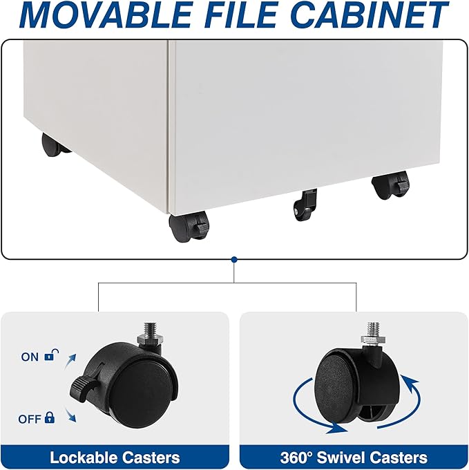3 Drawer Mobile Metal File Cabinet, White Filling Cabinets with Lock, Pre-Built Office Storage File Cabinet with Wheels Under Desk - Assembled Required