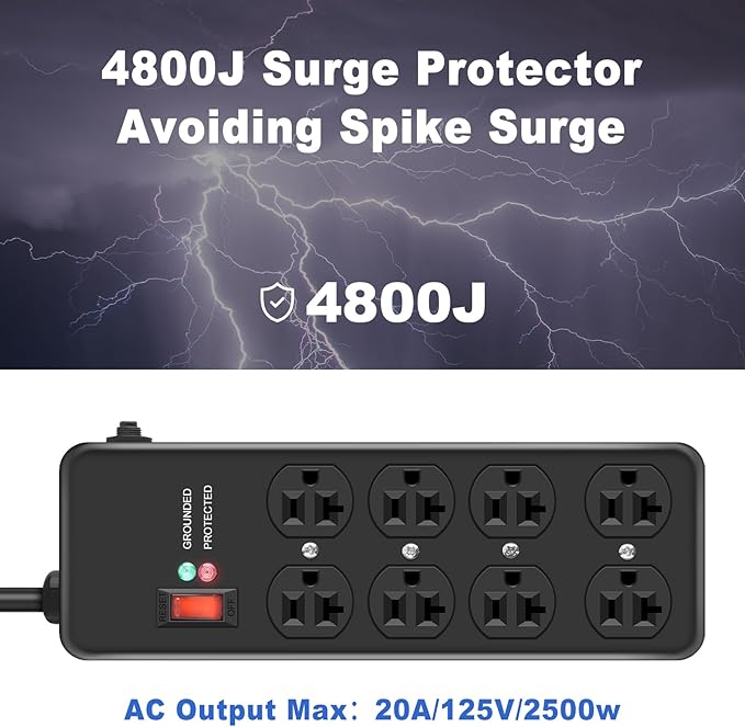 20Amp Power Strip Surge Protector, Durable Metal 8-Outlet with Heavy Duty 20 Amp 6Ft 12 Gauge Extension Cord, for Garage, Workshop & Industrial Use with 6-20R T-Slot Outlets, 4800J