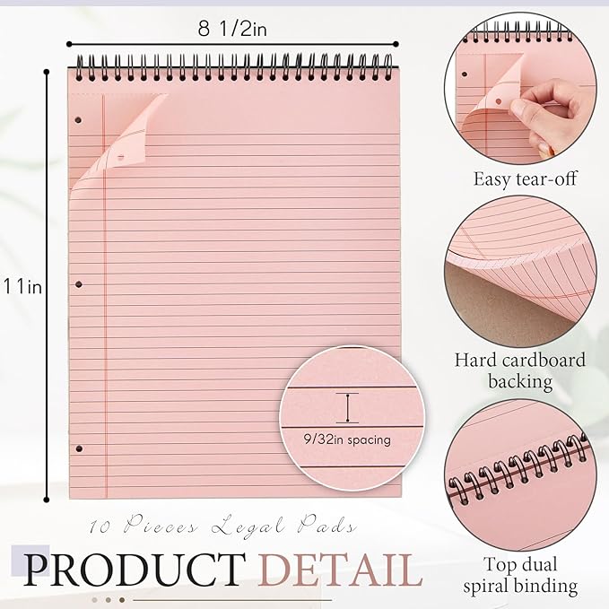 10 Packs 8.5" x 11" Top Spiral Notebook with 3 Hole Punched Legal Pads College Ruled Notepad 50 Sheets Hard Cardboard Paper Wirebound Notepad for Office School Business (Light Colors)