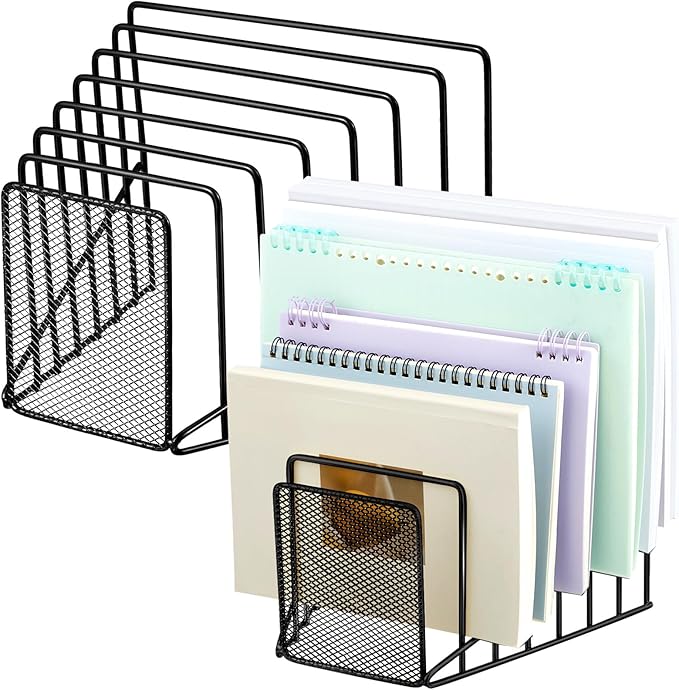 2 Pcs 7 Slot Incline File Sorter Metal Wire Mesh File Racks for Desktop Letter Sorter for Magazine Folder Book Organizer Home Office School Paper Mail Desk Storage Holder (Black)
