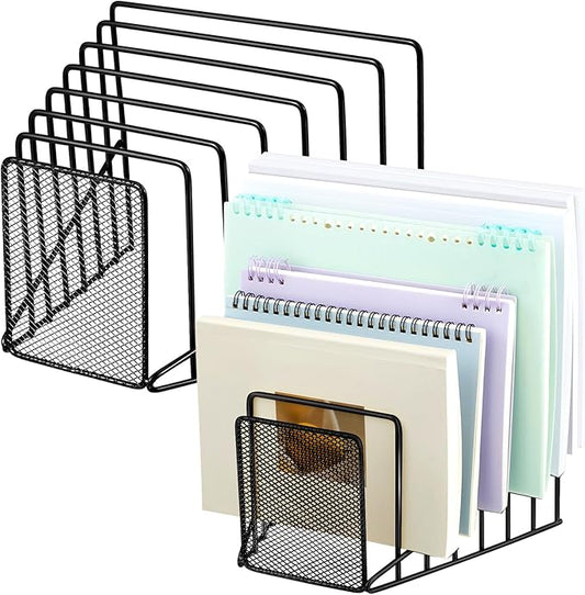 2 Pcs 7 Slot Incline File Sorter Metal Wire Mesh File Racks for Desktop Letter Sorter for Magazine Folder Book Organizer Home Office School Paper Mail Desk Storage Holder (Black)