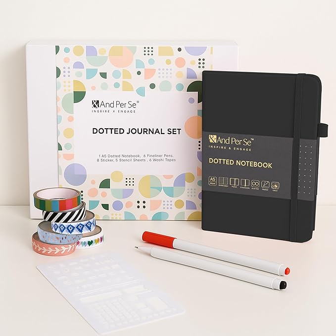 &And Per Se Dotted Journal Notebook Set, A5 Hardcover Dotted Journal (Black), 6 Fineliner Pens, 8 Sticker, 5 Stencil Sheets & 6 Washi Tapes, Journaling Supplies for Planner Schedule