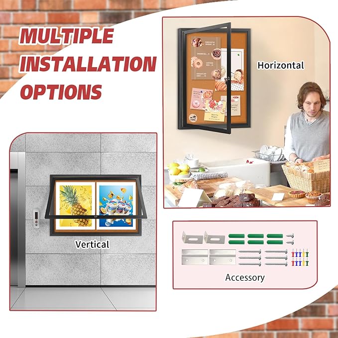 36x24 Inch Outdoor Enclosed Bulletin Board with Locking Door - Weatherproof & Tamperproof Cork Notice Board - Black Aluminum Frame