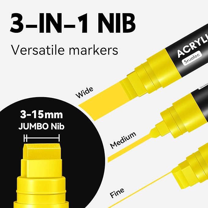 3 Jumbo Permanent Markers Yellow, 15mm Thick Wide Tip, Large Acrylic Paint Markers for Rock Painting, Poster, Graffiti, Stone, Ceramic, Glass, Wood, Canvas