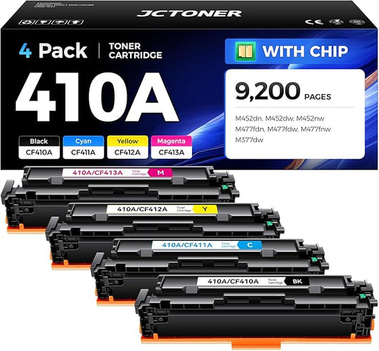 410A Toner Cartridge 4-Pack High Yield Replacement for HP 410A CF410A CF411A CF412A CF413A Compatible for HP Color LaserJet Pro MFP M477fdn M477fdw M477fnw M452dn M452dw M452nw M377dw Printer Ink Copy
