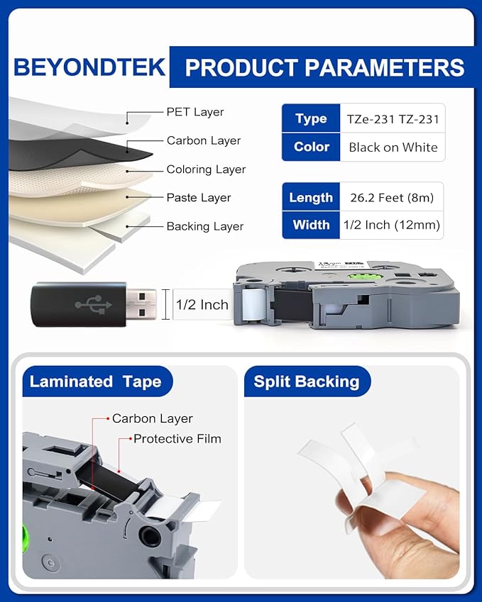 30PK Tz Tape 12mm 0.47 Laminated White Compatible with Brother P Touch Label Maker Tape 12mm 0.47 White Refill TZe-231 Label Tape for Brother P-Touch Label Maker PT-D210 PT-H110 PT-D220