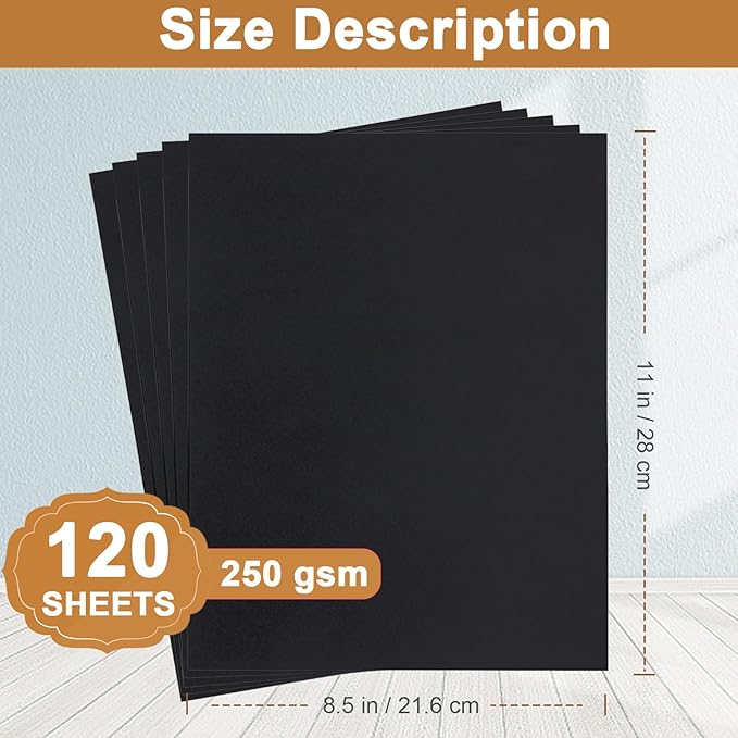 120 Sheets Black Cardstock 8.5 x 11 Printer Paper, 92lb Heavyweight Black Card Stock for DIY Cards, Thank You Cards, School Crafting, Wedding, Invitations