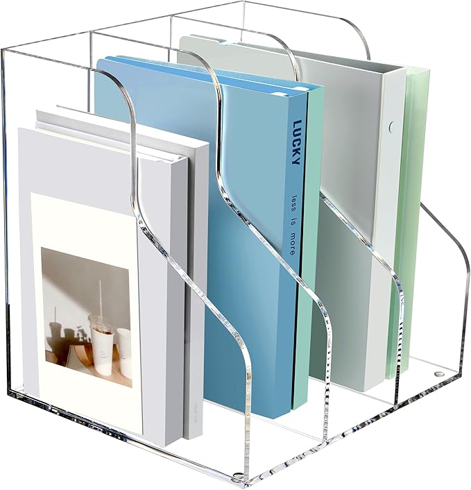 3 Slots Acrylic Magazine Holder, Desktop File Sorter Organizer Rack Bookshelf, Workspace Sorters Office Desk Accessories Organization Storage Stand, Clear