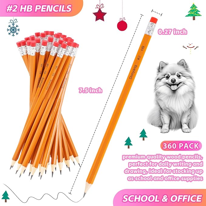 360 Pack #2 Pencils Bulk, Back to School Supplies, Sharpened Number 2 HB Yellow Pencils for School Classroom College Essentials Teacher Office Accessories, Writing, Drawing, Sketching, with Erasers