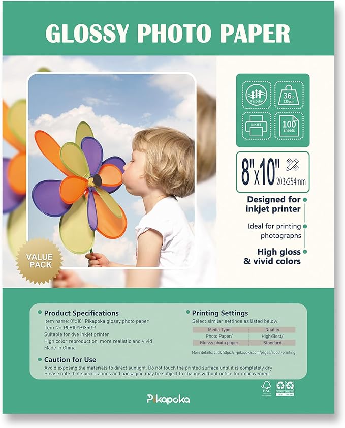 36lb Glossy Photo Paper, 8x10, 8R Size, Thin Glossy Photo Paper for Chip Bags, Inkjet, 100 Pack