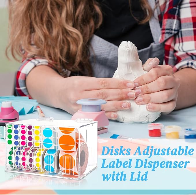 10 Disks Adjustable Label Dispenser with Lid 7.7 * 5.5 * 5.2 Inches Acrylic Sticker Dispenser Sticker Roll Holder for Holding Multi-Label Sticker Tape Date Markers Label Office (Not Include Sticker)