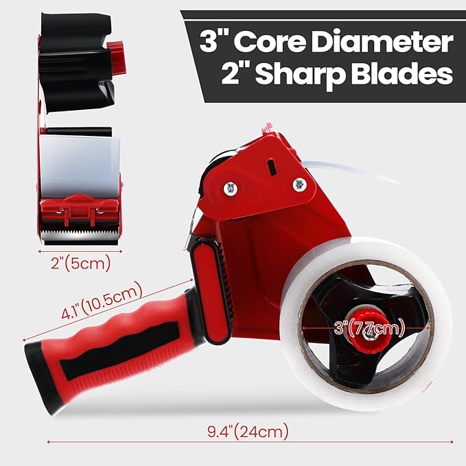 2 Pack Packing Tape Dispenser Gun with 12 Roll Packing Tape 2 Inch Gun 2.7 Mil Heavy Duty Packaging for Shipping, Moving, Carton and Box Sealing(Black and Red)