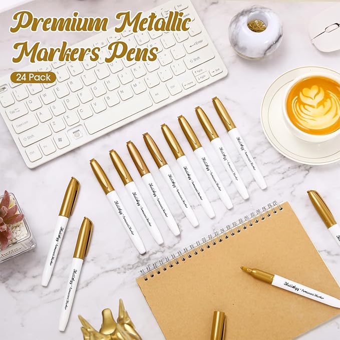 24 Pcs Metallic Permanent Markers Bulk Gold Fine Point Metallic Paint Markers for DIY Crafts, Gift Card Making, Artist Illustration (Gold)