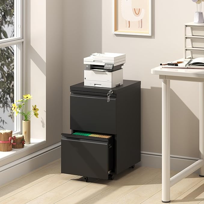 2 Drawer Mobile File Cabinet, Filing Cabinet Home Office for Letter, Legal Size, Fully Assembled Under Desk File Cabinet, Blac