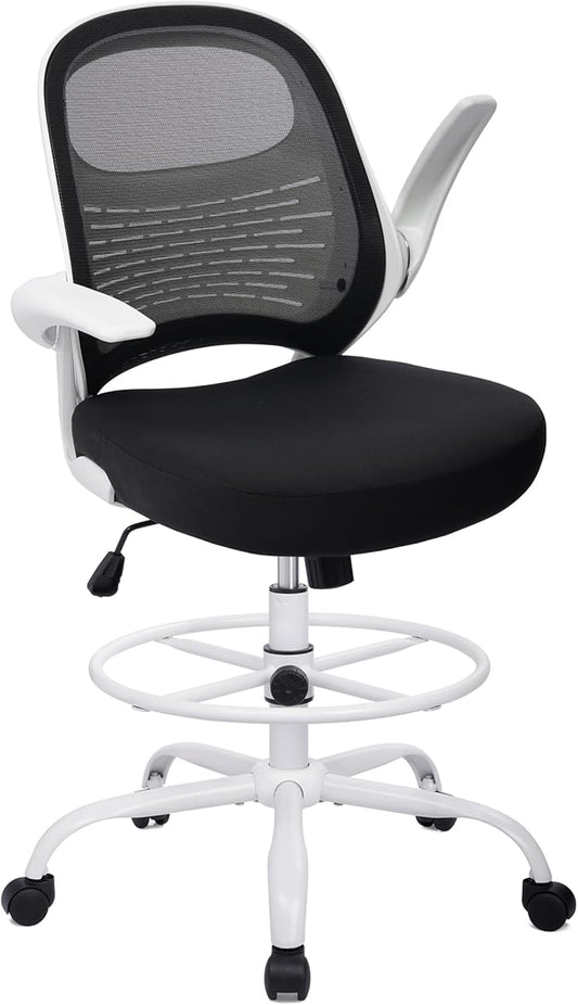 HYLONE Tall Drafting Chair Standing Desk Chair with Flip-Up Armrests, Adjustable Height Ergonomic Office Chair with Footrest Ring - High Stool Chair for Standing Desk (Black Mesh&White Base)