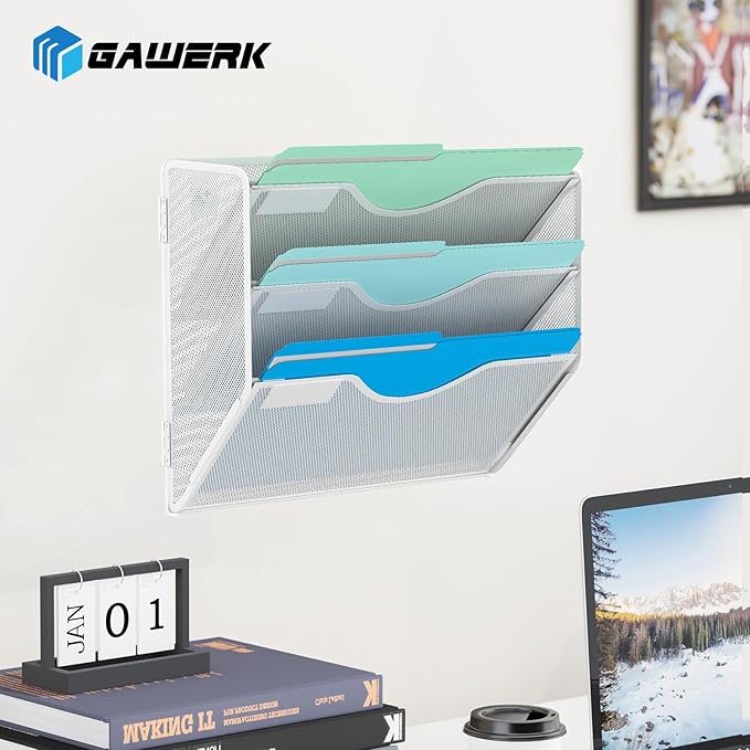 3 Tier Hanging Wall File Organizer, Mesh Mail Paper Orgnization Hanging File Folder Holder for Home Office, White