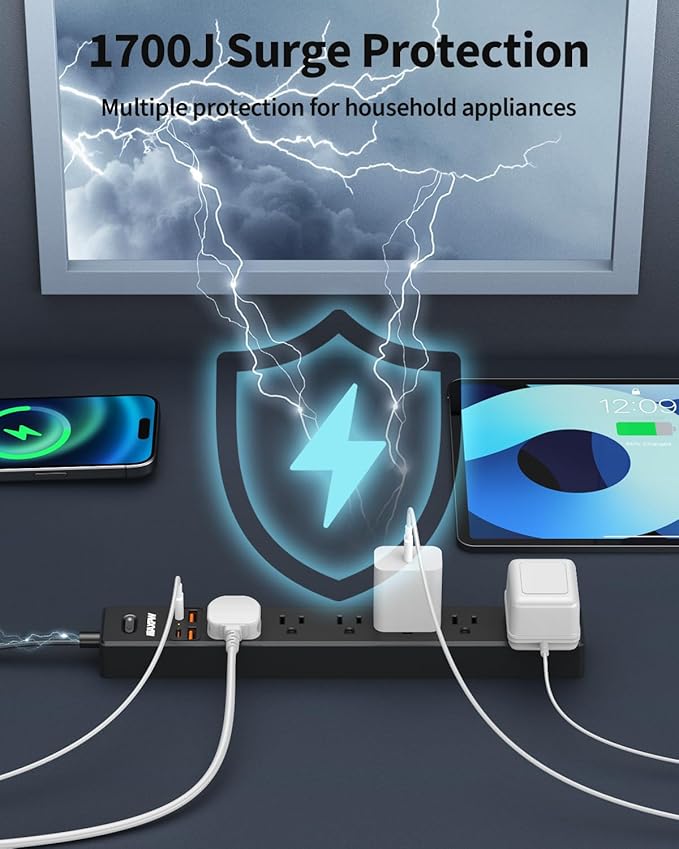 2 Pack Power Strip Surge Protector - 7 Outlets 4 USB Ports (2 USB C), Maxpw 10 Ft Ultra Thin Flat Plug Extension Cord, 1875W/15A, 1700 Joules, Wall Mount for Home Office Dorm, Black