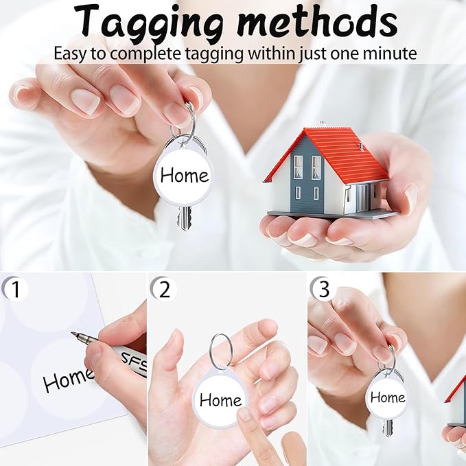1.57 Inch Plastic Key Tags Round White Item Identifiers with Blank Paper Label Stickers and Pen, Metal Split Ring Tags Ideal for Home,Office and Rental Management Use,100 Pack