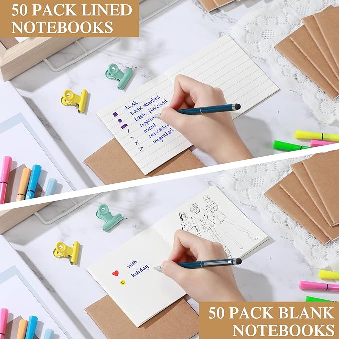 100 Pieces Mini Notebook Bulk Set Small Kraft Paper Blank Lined Journals Pocket Journal Sketchbooks for Kids Drawing Sketchbook Office Supplies 4 x 4 Inch Small Notebooks with 24 Sheets (Blank, Lined)