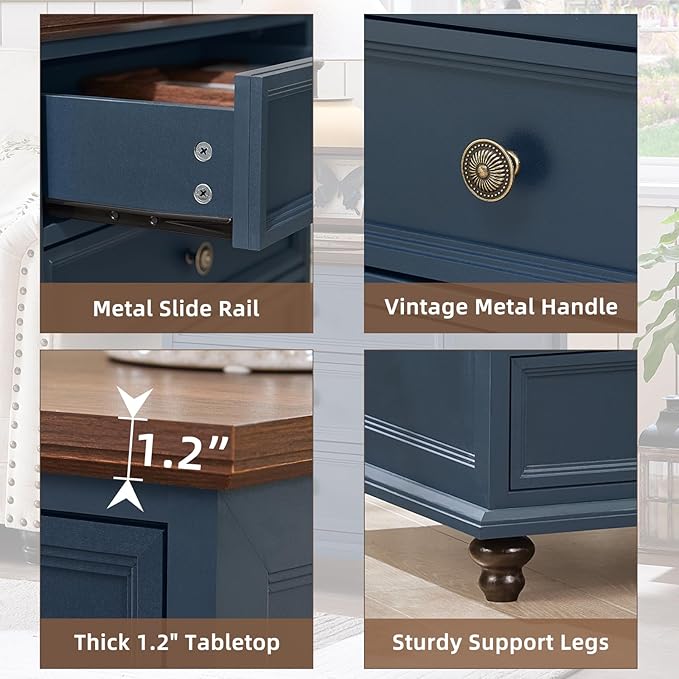 24" Wide Farmhouse Night Stand Set of 2,Large End Table with 3 Drawers & Metal Handle,Blue Wood Dresser for Bedroom Cabinet, Bed Side Table Chest of Drawers,Nightstand for Living Room,Closet