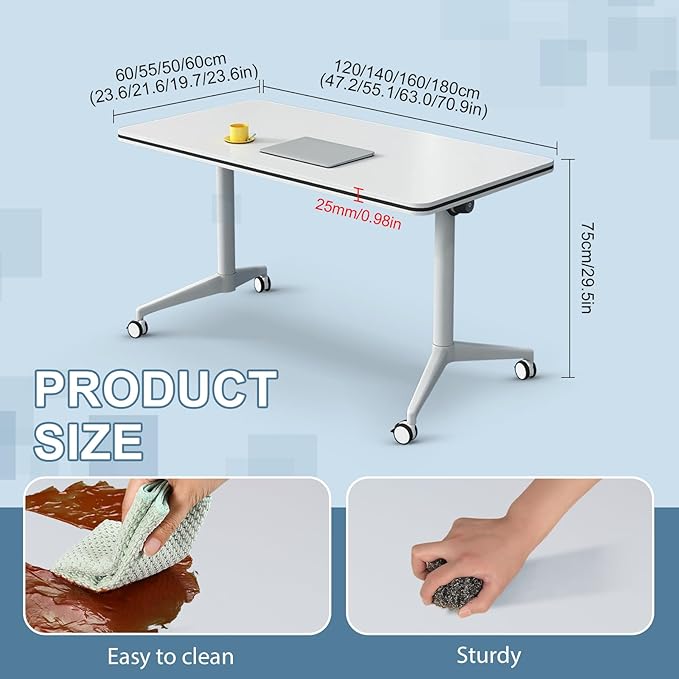 10Pack Folding Conference Room Table, Modern Conference Tables with Silent Wheels, Large Rectangular Mobile Training Tables for Office Classroom, Foldable Modular Seminar Table White (L47.2in)