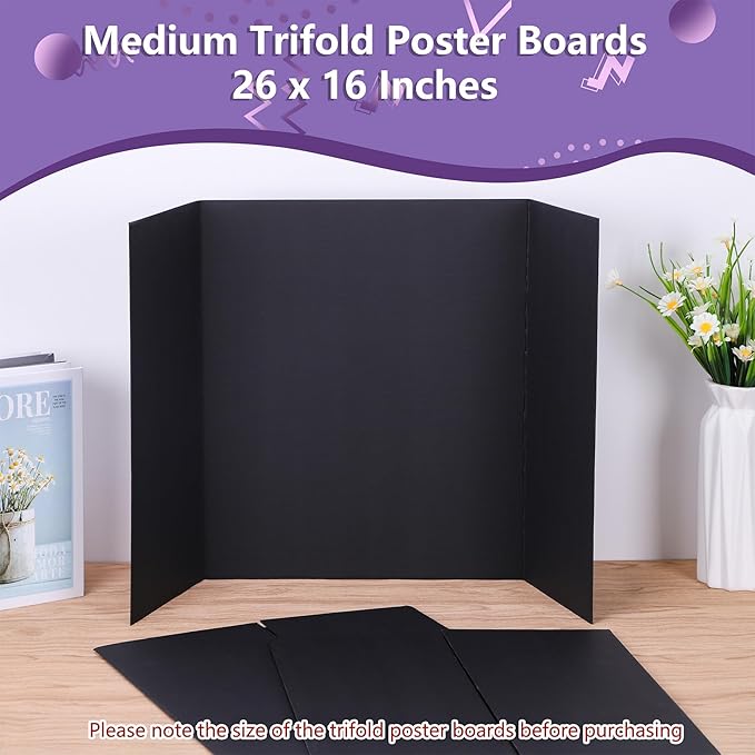 3 Pack Medium Trifold Poster Board 26" x 16" Tri Fold Poster Boards Black Corrugated Cardboard Project Boards for Presentations, School Projects, Science Fair, Exhibition Event Display