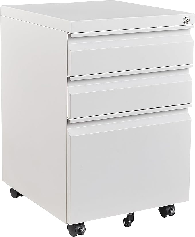 3 Drawer Mobile Metal File Cabinet, White Filling Cabinets with Lock, Pre-Built Office Storage File Cabinet with Wheels Under Desk - Assembled Required
