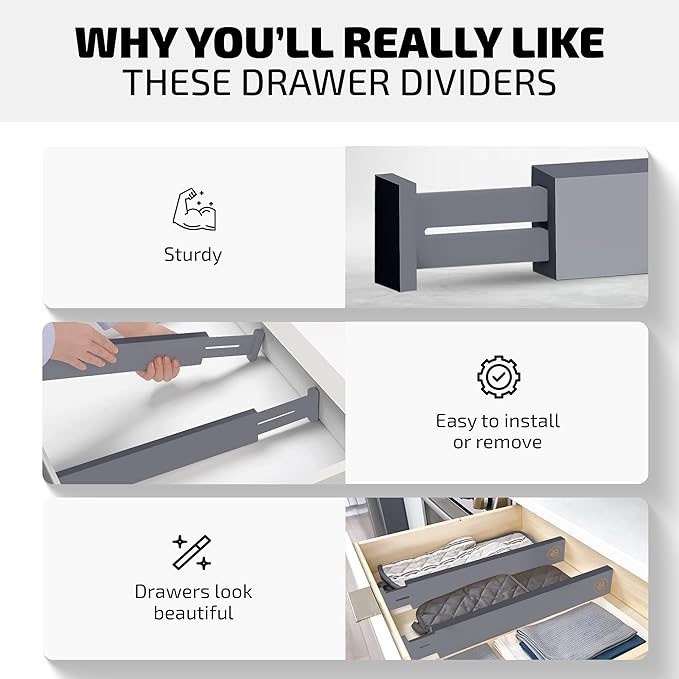 4 Pack Drawer Dividers Bamboo 2.6" High, 16-22" Adjustable Drawer Organizers for Clothes, Expandable Dresser Separators in Bedroom/Bathroom/Kitchen/Office Organization and Storage (Grey)