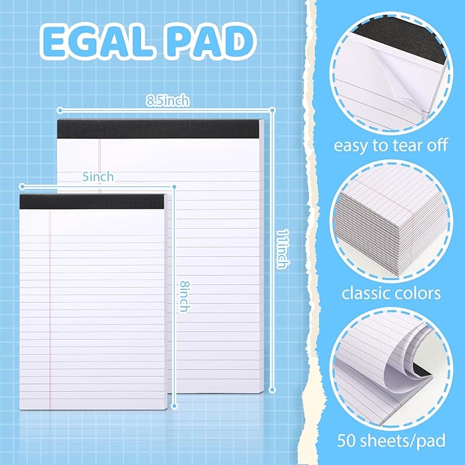 40 Pack Legal Pads Bulk 8.5 x 11 Inch and 5 x 8 Inch Note Pads, 50 Sheet/notepad, Wide Ruled Perforated Writing Notepads for School Students Teachers Office to Do Lists(White)