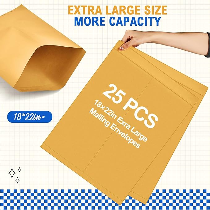 25 Pcs 18 x 22 Inch Jumbo Mailing Envelopes 32lb with Gummed Flaps, Extra Large Flat Catalog Envelopes for Mailing, Storage and Organizing Documents Photos Office Supplies