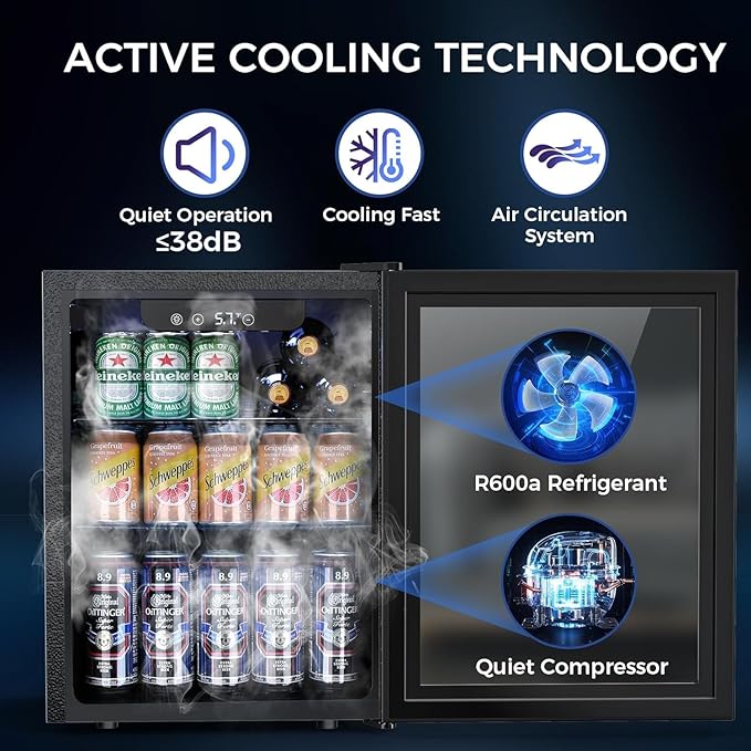 1.7 Cu.ft Beverage Refrigerator Cooler, 68 Can Mini Fridge Glass Door with Adjustable Shelves, Digital Temperature Display, Freestanding Small Drink Fridge for Home, Office or Bar(Black)