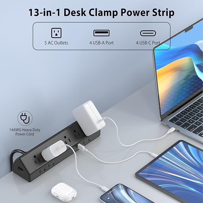 45W Fast Charging Station,Desk Clamp Power Strip,4 PD USB-C Ports,5 AC Outlets,Surge Protector Power Strip, 14AWG Heavy Duty Cord, Fits 1.9" Tabletop Edge (Black, 15 FT Cable)