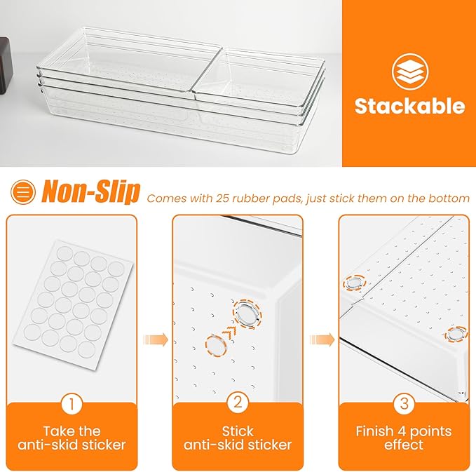 12 Pack Clear Plastic Drawer Organizer Set, Acrylic Non Slip Non Cracking Kitchen Drawer Storage Tray Large Size Divider, Multifunctional Storage for Cosmetics, Bathroom, Tools, Kitchen and Office