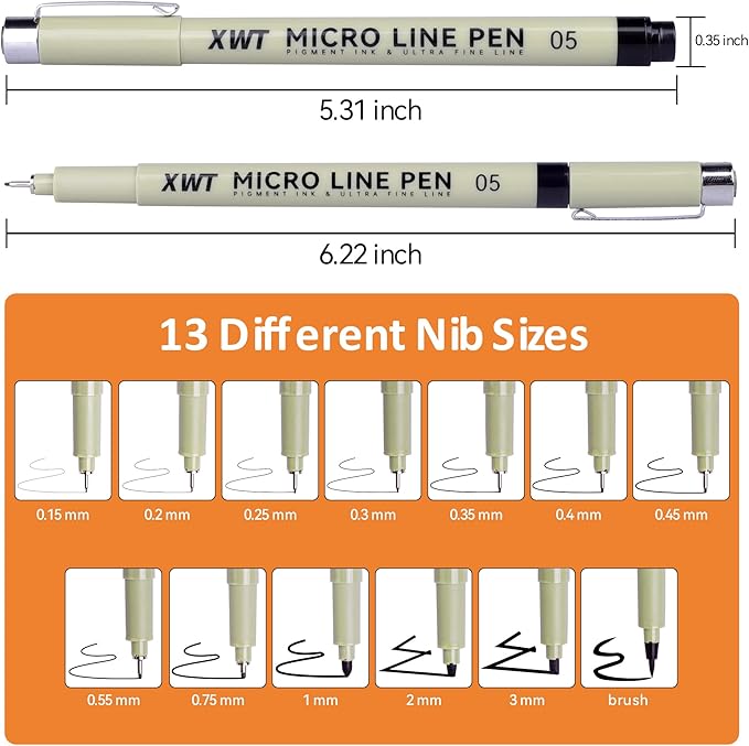 12+1 Fineliner Drawing Art Pens, Black Waterproof Pigment Ink Set for Artists, Sketching, Manga, Watercolor, Calligraphy, and Detail Outlining Archival Quality Inking Markers