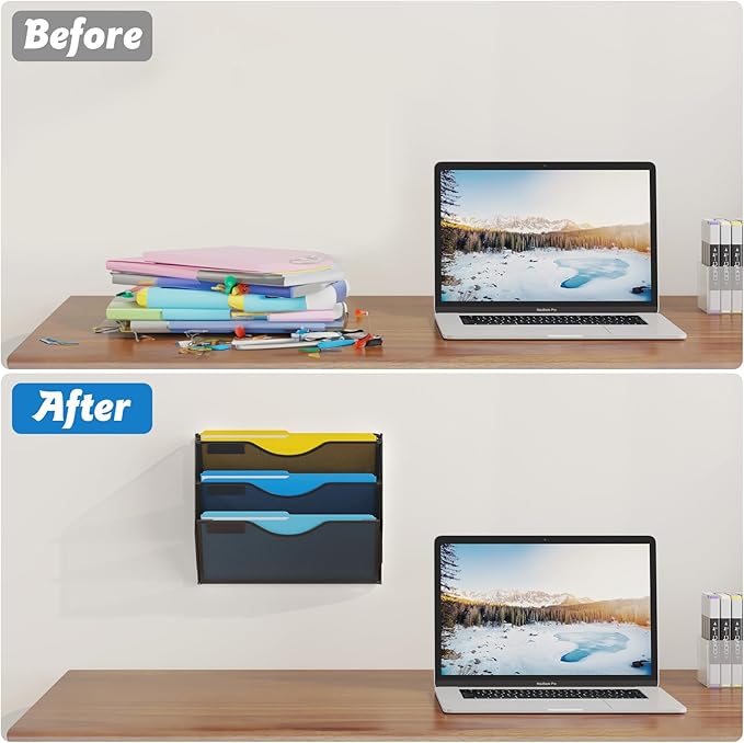 3 Tier Hanging Wall File Organizer, Mesh Mail Paper Orgnization Hanging File Folder Holder for Home Office, Black