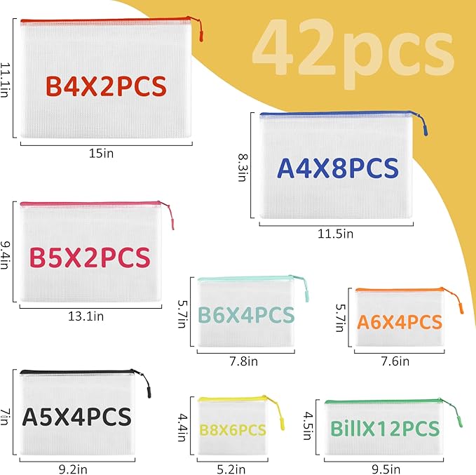 42pcs Mesh Zipper Pouch Bags, Puzzle Bag for Organizing Storage,12 Colors for Puzzles Board Game Storage, 8 Sizes for Reusable Plastic Zip Organizer for Travel