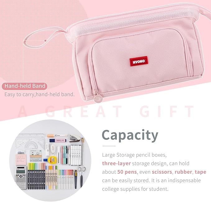 HVOMO Pencil Case Large Capacity Pencil Pouch Handheld Pen Bag Cosmetic Gift for Office School Teen Girl Boy Men Women Adult (Pink)