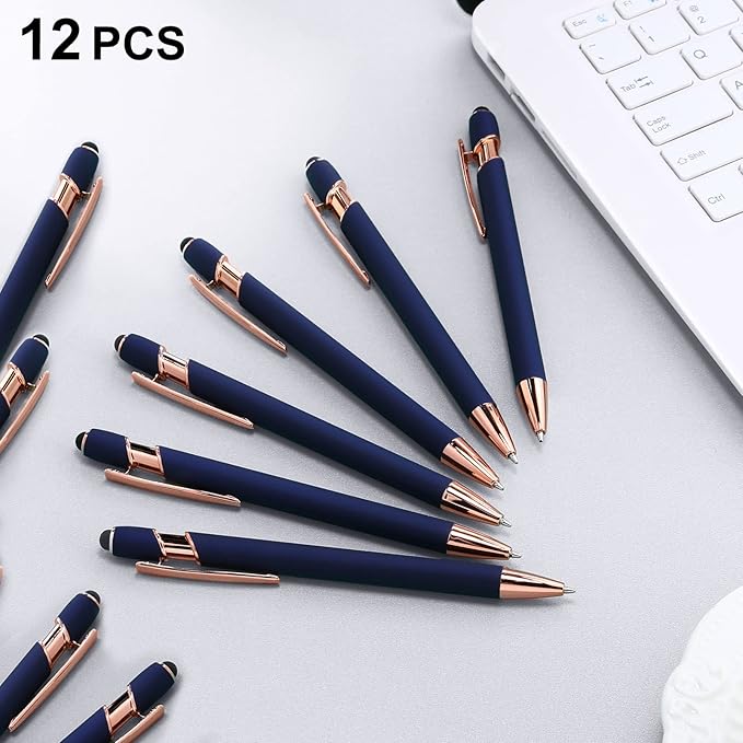 12 Pieces Ballpoint Pen with Stylus Tip, 1.0 mm Black Ink Metal Pen Stylus Pen for Touch Screens, 2 in 1 Stylus Ballpoint Pen (Cyan and Rose Gold)