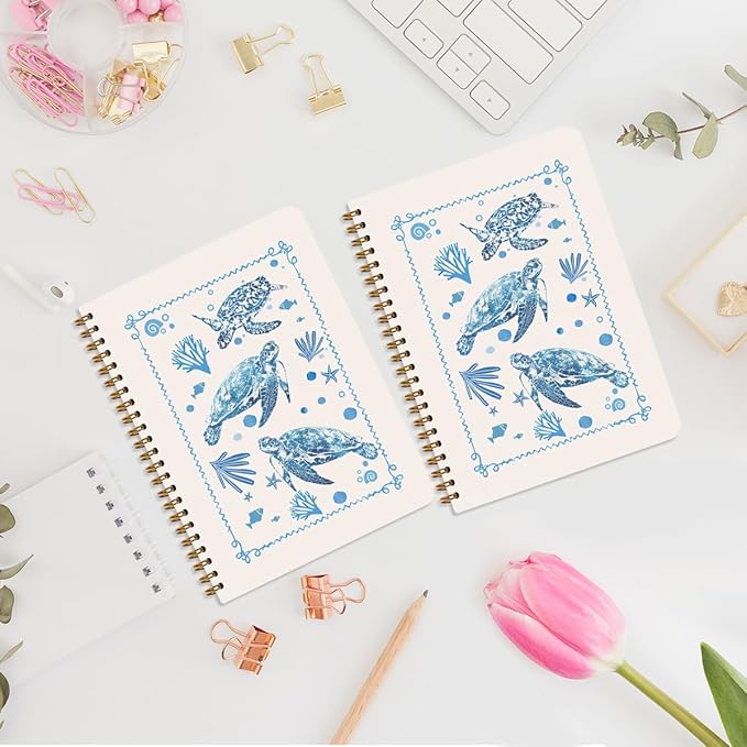 2 Pcs Sea Turtle Spiral Notebooks for Work, A5(8.3x5.8inch) Composition Notebook College Ruled Note Book, Blue Coral Notepads Lined Travel Journal for Writing, Cute Diary Sea Turtle Gifts for Women