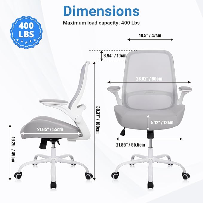 HYLONE Heavy Duty Office Chair, 5" Thickened Seat Ergonomic Desk Chair with Adjustable Armrests, Home Office Computer Chairs for Long Hours Mesh Executive Chair(White Base & Grey)