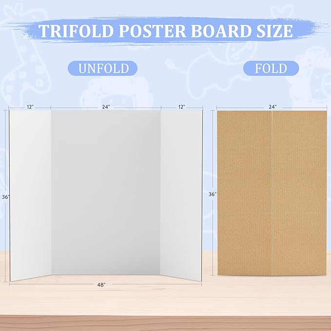 2 Pack 36" x 48" Trifold Poster Board for Presentation, White Corrugated Cardboard Large Tri Fold Poster Board for Science Fair, Office & School Projects, Photo Displays, Exhibitions Event