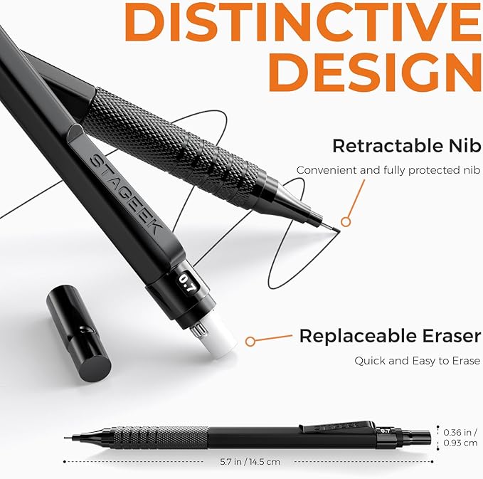 25PCS Art Mechanical Pencil Set, 3PCS Metal lead pencil 0.5, 0.7, 0.9, 2PCS 2mm Drawing Pencil (HB 2H 2B 4B Color) with 392PCS Graphite Leads, Eraser with Case for Drafting Drawing Writing