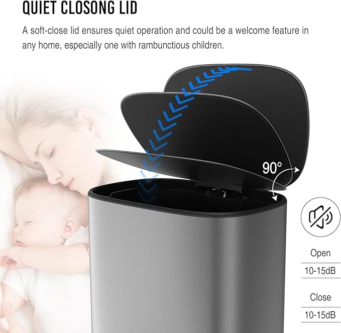 13 Gallon Stainless Steel Foot Pedal Large Trash Can with Soft Close Quiet Lid, Stainless Steel Thickened Body Oval Garbage Can with 30 Garbage Bags for Kitchen/Home/Office and More - Silver Gray