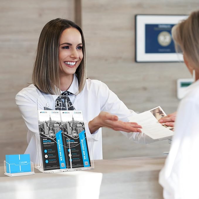 2 Pack Acrylic Brochure Holder 8.5 x 11 in with Business Card Holder, 1-Tier Brochure Display Stand with Removable Divider for 4 x 9 Inches Trifold Pamphlets, Clear Flyer Holde