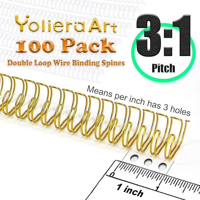 100 Pack Metal Twin Loop Binding Wire Coils, 34-Loop, 3/4" Cinch Book Binding Wire, 3:1 Pitch, YolieraArt Double Loop Bindings180 Sheet Capacity Fit for School Office Notebook Maker Gold