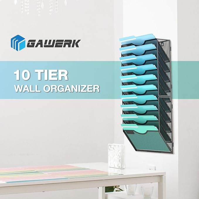 10-Tier Wall File Organizer Hanging Wall File Holder Wall Mount Paper Folder Organize, Mesh Magazine Document Mail Organizer Wall Organizer for Office School Home, Black