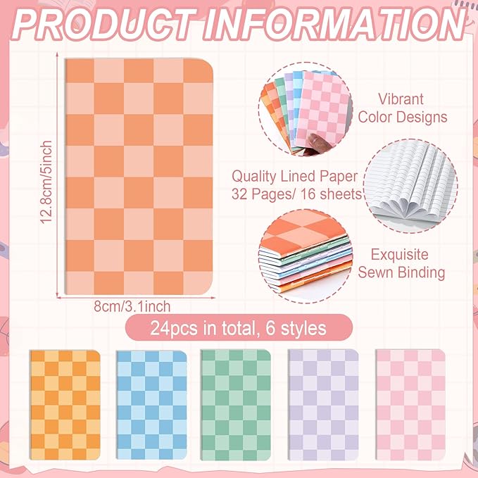 24 Pack Mini Hippie Groovy Notebooks Back to School Favors Small Pocket Size Retro Pink Blue Checked School Girl Notebooks for Students Teacher Appreciation Gift Employee Classroom Prize 5x3 Inch