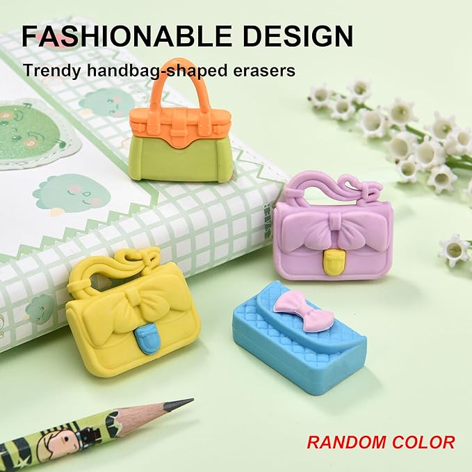 24Pcs Cute Bag Shape Erasers for Girls Kids, Fun Handbag Pencil Erasers for School Classroom Supplies Birthday Party Favors