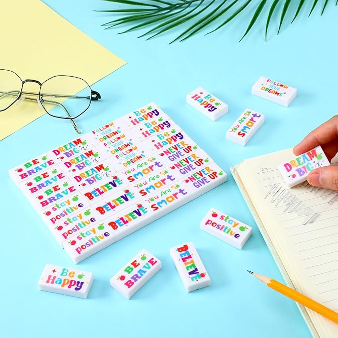 100 Pcs Inspirational Pencil Erasers Bulk for Kids Fun Motivational Eraser School Supplies Back to School Office Supplies for Classroom Office Teacher Artists (Lovely)